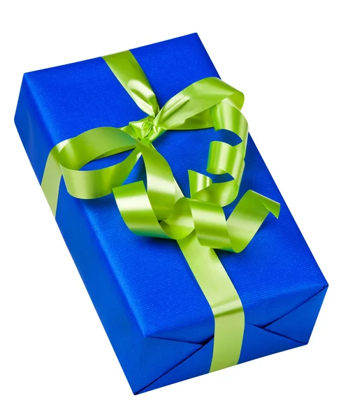 绿色蝴蝶结蓝色的盒子 — 图库照片