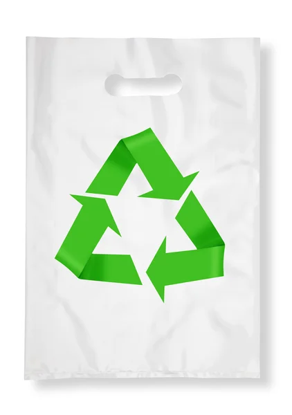 Plastiktüte auf weiß mit Recycling-Symbol. — Stockfoto