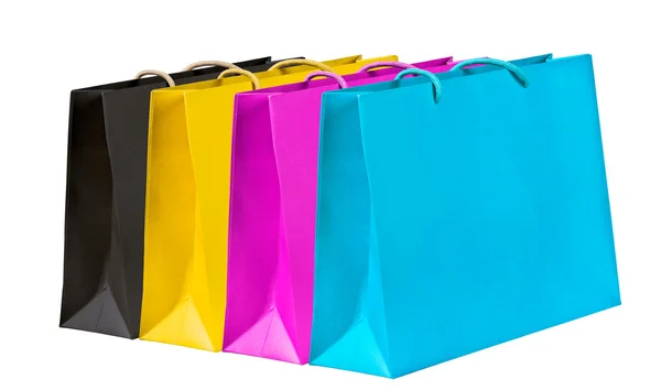 Černá, žlutá, purpurová, azurová nákupní tašky. — Stock fotografie