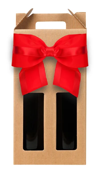 Şarap hediye kutu kırmızı yay ile — Stok fotoğraf