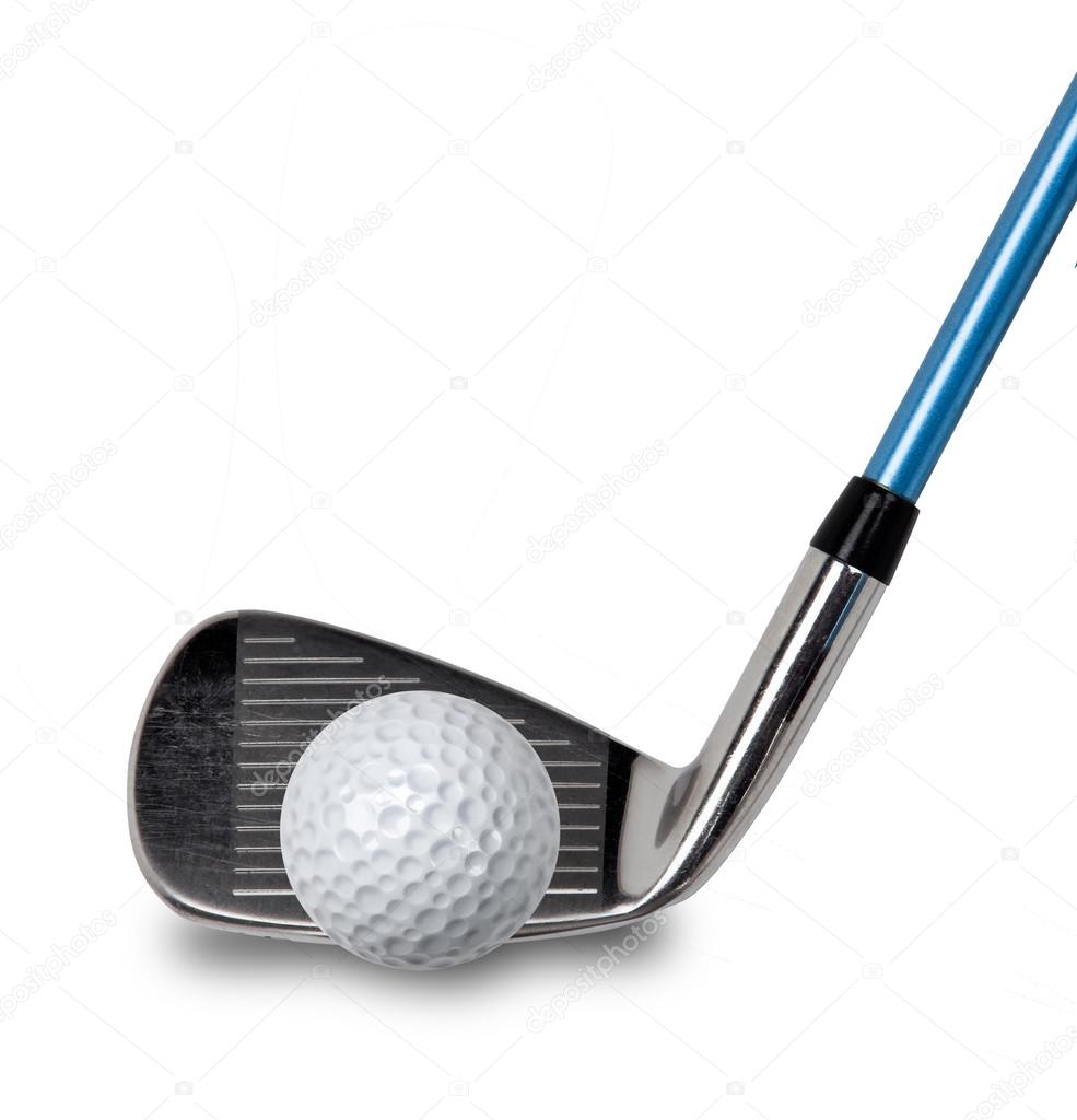 Golf club and ball on white