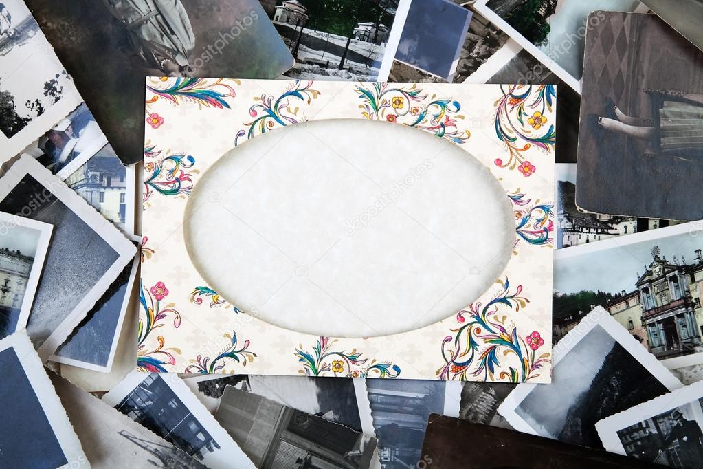 Stack of old photos with space for your logo or text.