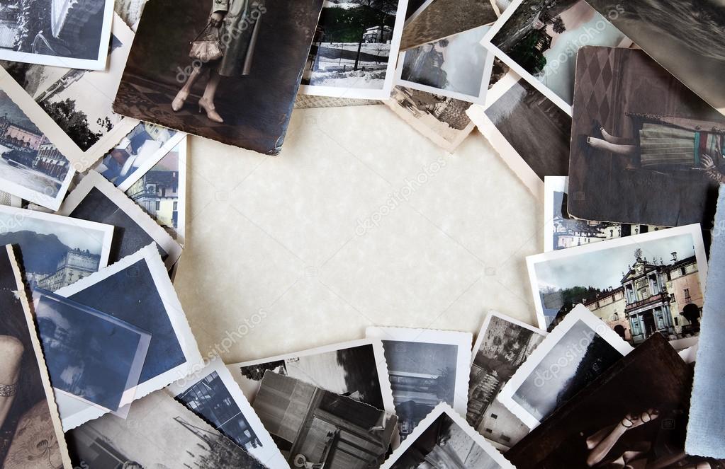 Stack of old photos with space for your logo or text.