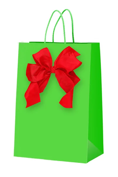 Green shopping bag with bow — Stock Photo, Image