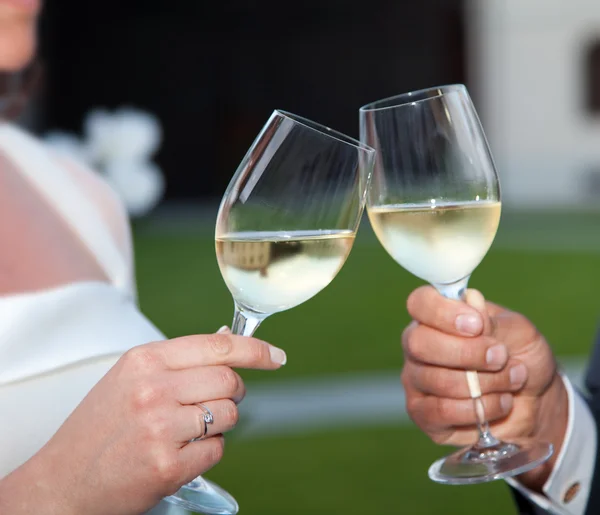 Bride and groom making a toast at sunset — Stock Photo, Image
