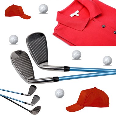 golf kulüpleri, polo, top ve beyaz şapkası