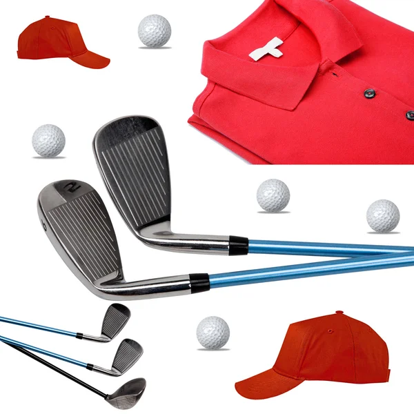 Golfklubbor, polo, boll och locket på vit — Stockfoto