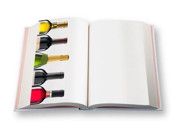 Offenes Buch (mit fünf Weinflaschen) — Stockfoto