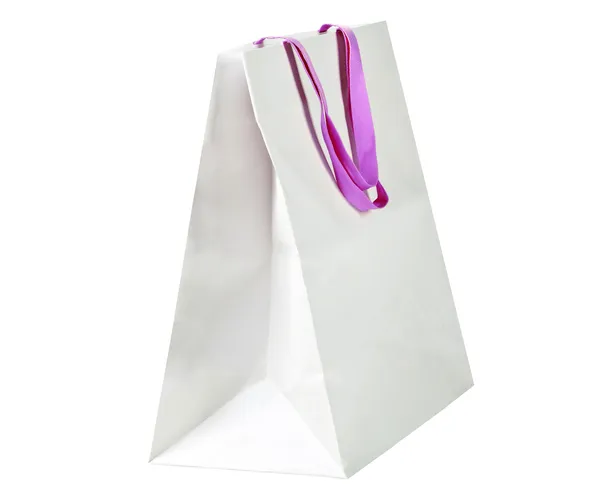 White shopping bag with violet handles — Stock Photo, Image