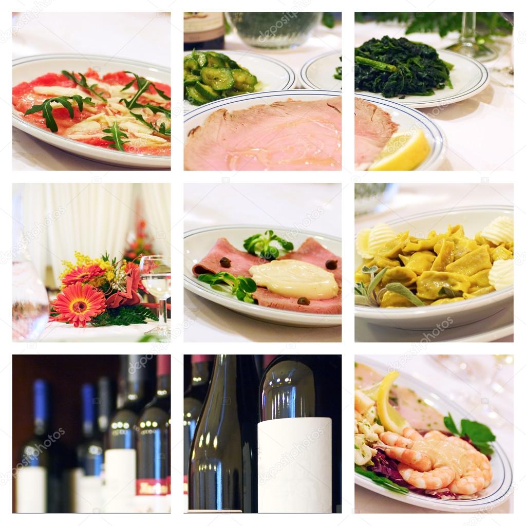 Collage of food and wine