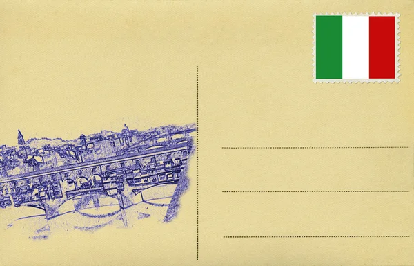 Av vintage postacard med italiensk flagga och ponte vecchio av — Stockfoto