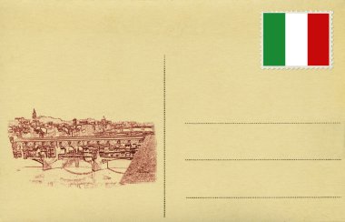 Vintage postacard arkası ile İtalyan bayrağı ve ponte vecchio