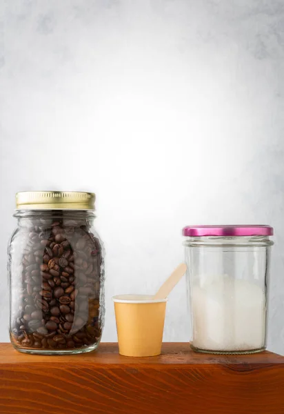 Coffe Sugar Glass Jars Paper Cup Wooden Scoop Coffee Break —  Fotos de Stock