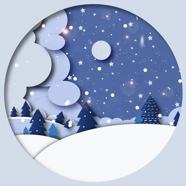 Kerstkaart. Wintervakantie spandoek met kerstbomen, sterren, wolken en vallende sneeuw. Papercut stijl — Stockfoto