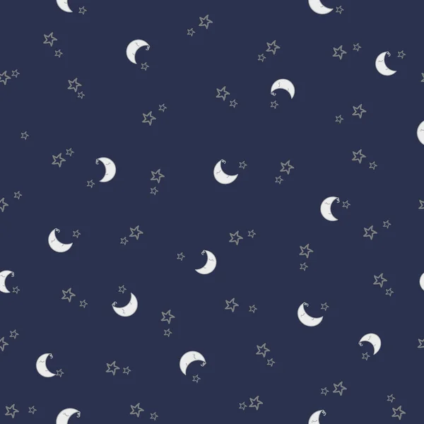 Stars and Moon Pattern. Modèle sans couture Babys avec Lune glissante souriante et étoiles sur fond bleu foncé. — Image vectorielle