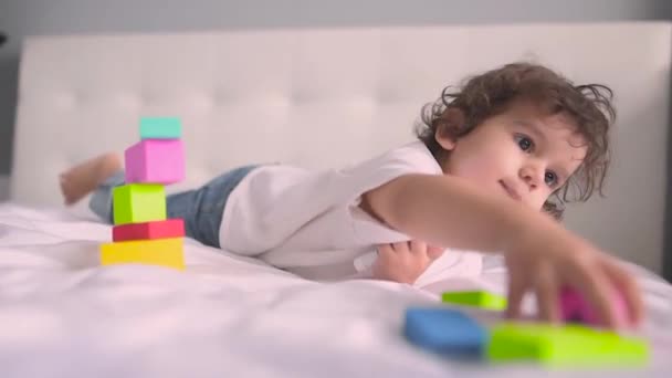 Joyeux petit enfant jouant avec des blocs colorés à la maison. Apprenez en jouant. Éducation pour le développement précoce. — Video