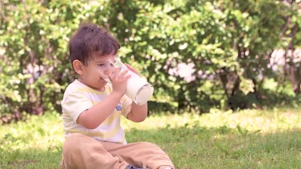 夏天的一天 在公园玩耍后 快乐的小男孩在户外喝了一杯牛奶 — 图库视频影像