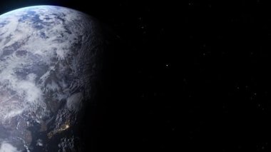 Uzayda Dünya 'nın 3 boyutlu animasyonu. Şehir ışıkları gece, gün doğumu ve gündüz. Uzay uydusundan güzel bir görüntü, uzay keşfi, uzay konsepti, dijital olarak oluşturulmuş görüntü. Yüksek kaliteli FullHD görüntüler