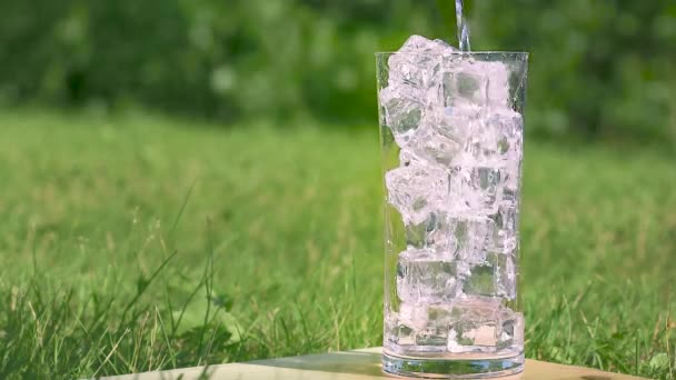 Ρίχνουμε Νερό Ένα Ποτήρι Παγάκια Στο Φόντο Της Φύσης Έννοια — Αρχείο Βίντεο