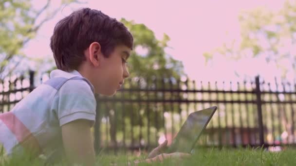 Niño Caucásico Sentado Hierba Verde Aire Libre Usando Una Tableta — Vídeo de stock