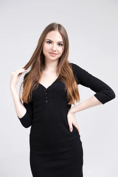 Model Slim Figure Posing Black Dress Dress Girl Long Hair — 图库照片