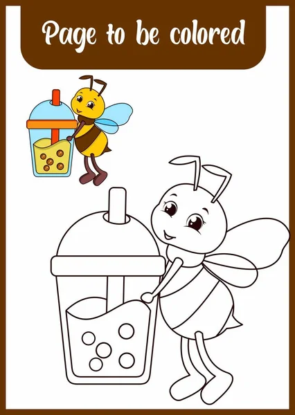 Coloring Book Kids Cute Bee Drink — Stok Vektör
