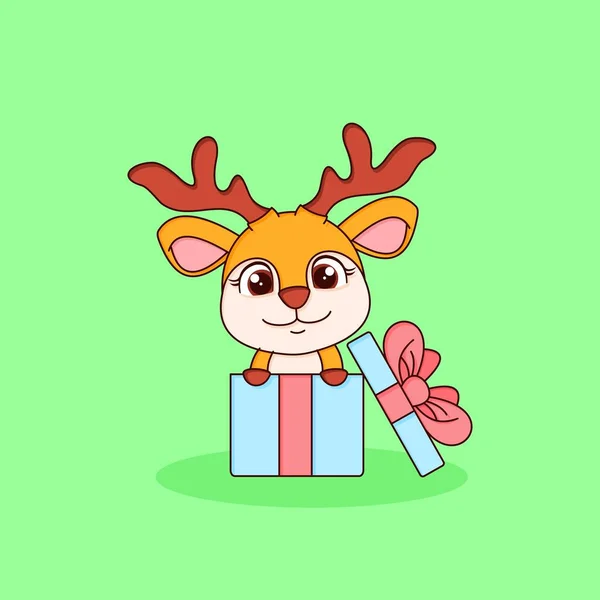 Cute little deer cartoon with gift. flat cartoon style