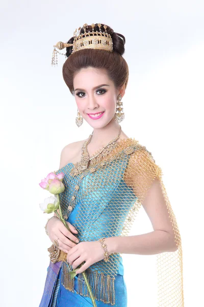 Elegant fashion asian woman posing with creative chignon hair-style and wearing blue thai dress — Stock Photo, Image