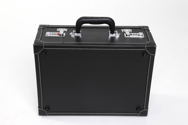 Black leather suitcase isolated on white background
