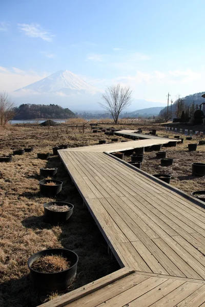 Widok na mount fuji kawaguchiko jezioro w marcu — Zdjęcie stockowe