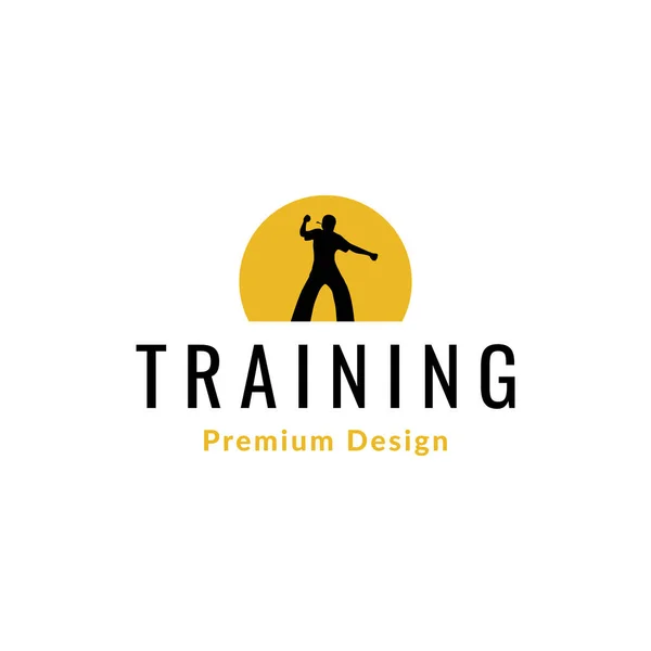 Sylwetka Człowiek Szkolenia Kung Sunset Logo Projekt Wektor Graficzny Symbol — Wektor stockowy