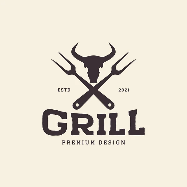 Cráneo Vaca Con Horquilla Parrilla Diseño Logotipo Vintage Vector Símbolo — Vector de stock