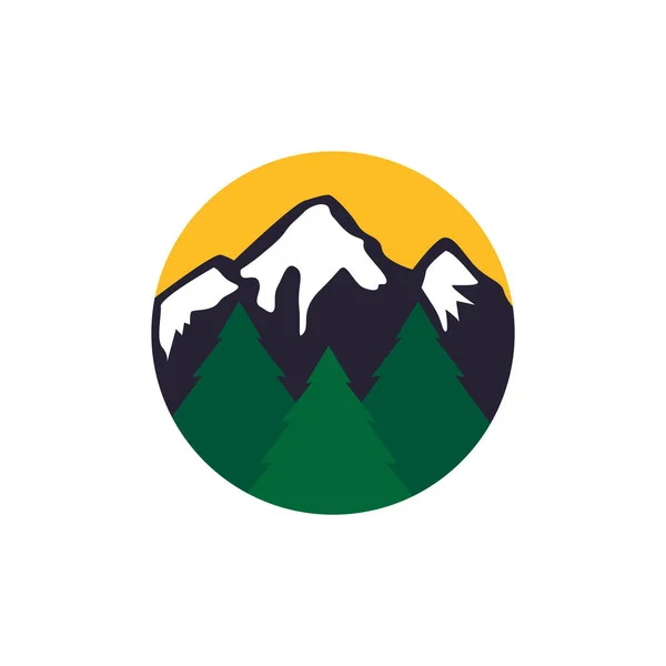 Kruh Panoramatickým Výhledem Horské Borovice Západ Slunce Logo Design Vektor — Stockový vektor