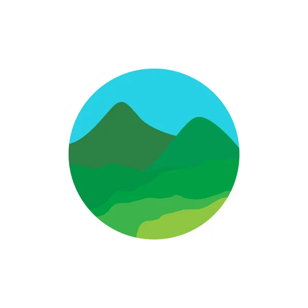 Cirkel Met Panoramisch Uitzicht Heuvel Groene Bomen Logo Ontwerp Vector — Stockvector