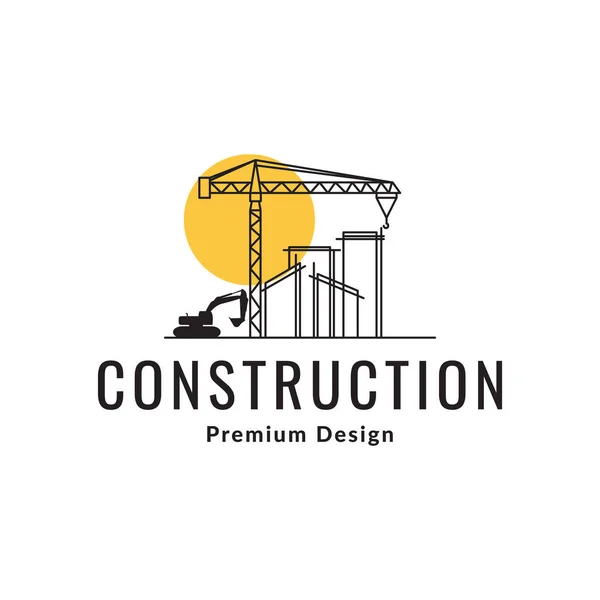 Line Construction Crane Excavator Sunset Logo Design Vector Graphic Symbol — Wektor stockowy