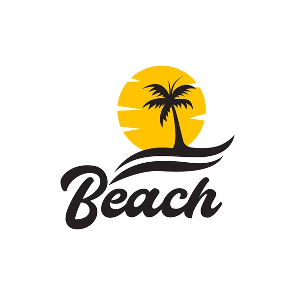 Lettering Beach Vintage Coconut Trees Sunset Logo Design Vector Graphic — Vetor de Stock