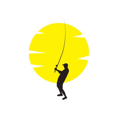 Gün batımı logo tasarımlı siluet genç adam balıkçılık, vektör grafik simge çizim yaratıcı fikir