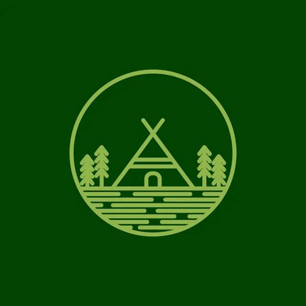 Línea Forma Casa Madera Verde Con Árboles Bosque Logo Diseño — Vector de stock