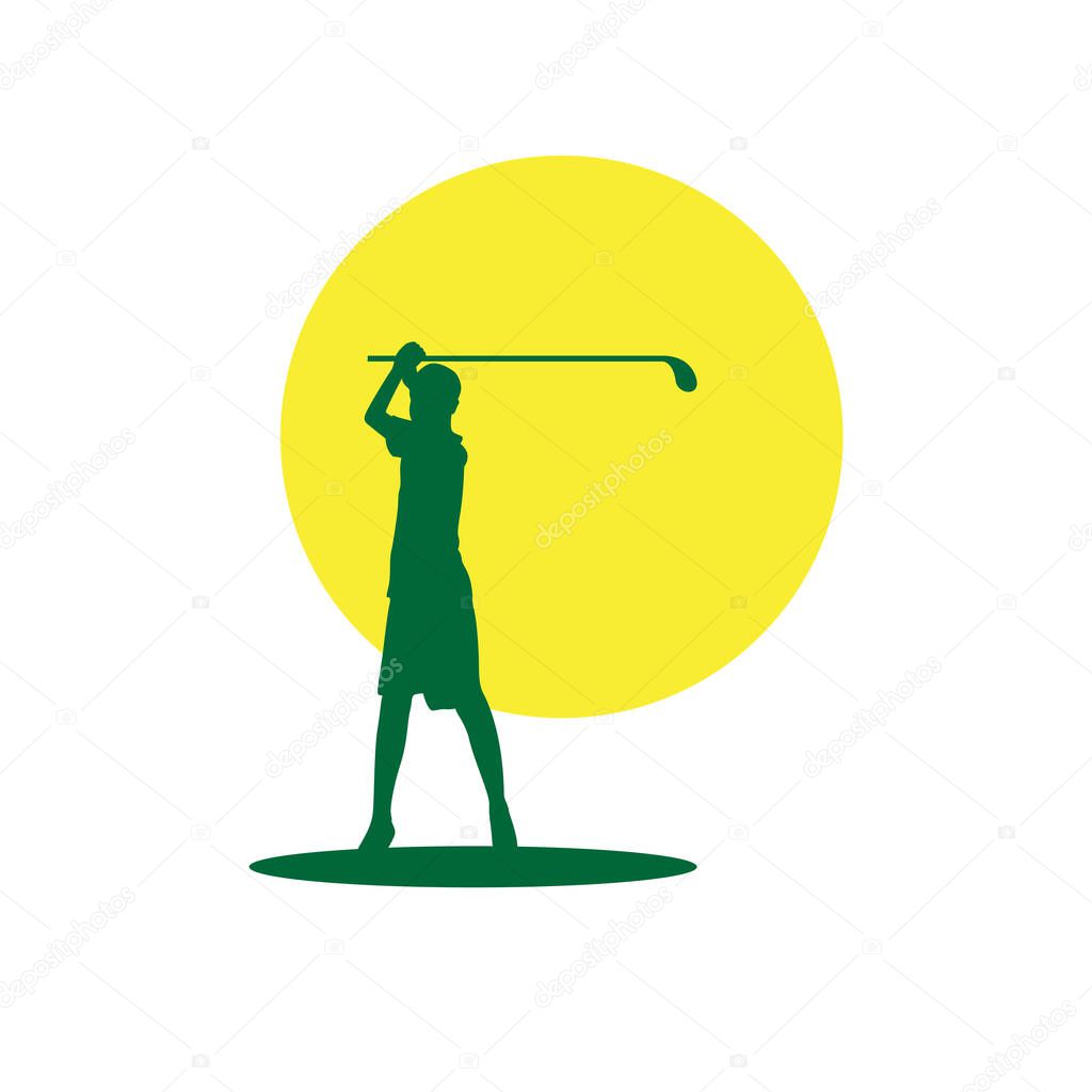 Silhouette young golf player with sunset logo design, vector graphic symbol icon illustration creative idea