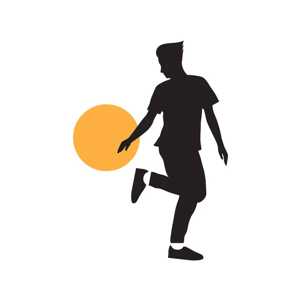 Силуэт Молодой Человек Тренировки Футбола Логотипом Заката Дизайн Векторные Графические — стоковый вектор