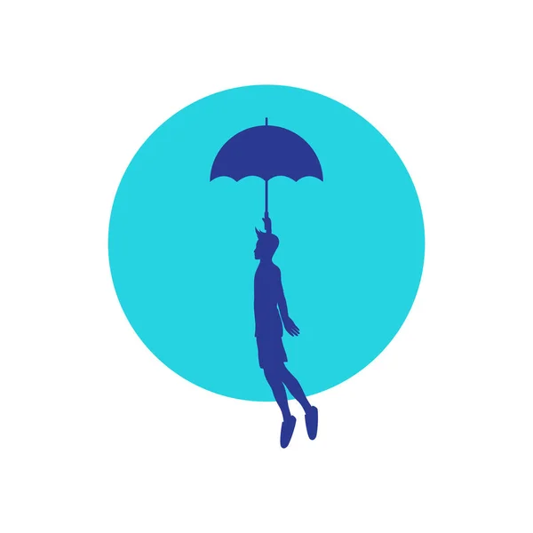 Silhouette Young Man Fly Umbrella Logo Design Vector Graphic Symbol — Stock Vector