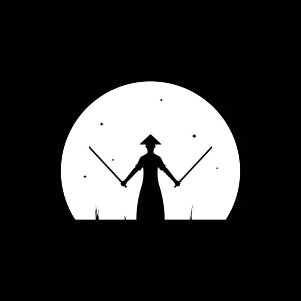 Samurai Entrenamiento Noche Con Luna Logo Diseño Vector Gráfico Símbolo — Vector de stock