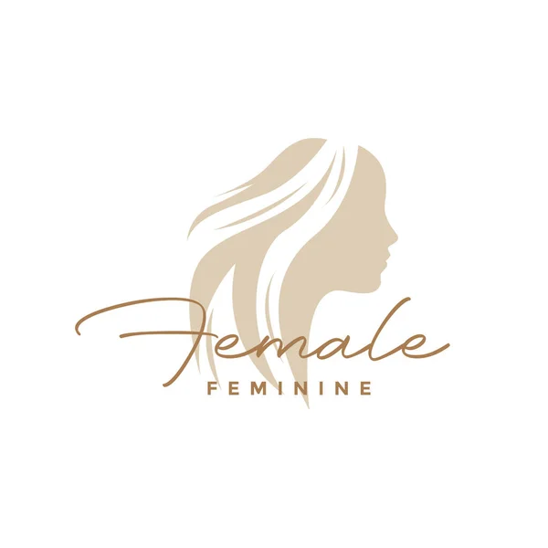 Luxo Feminino Cabeça Mulheres Longo Cabelo Cuidado Logotipo Design Vetor — Vetor de Stock