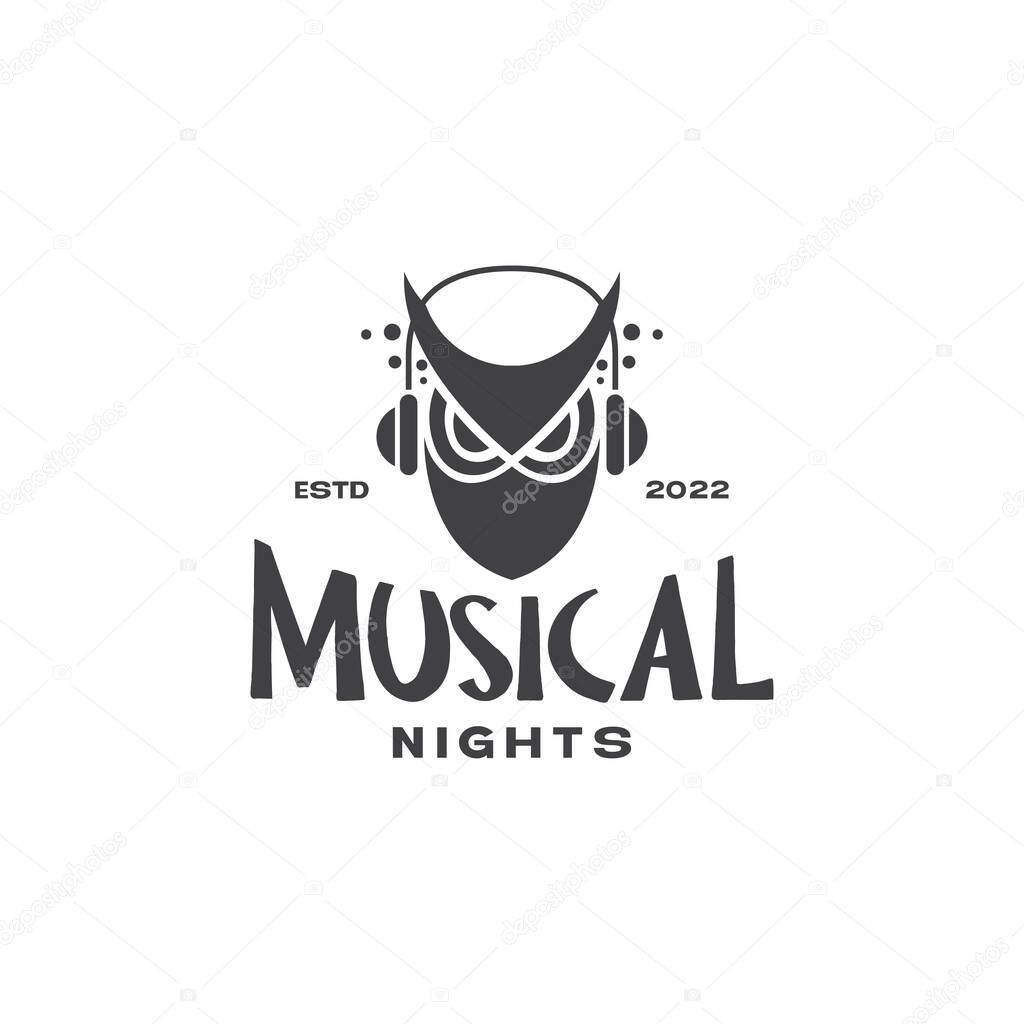 Owl music headset vintage logo design vector graphic symbol icon illustration creative idea