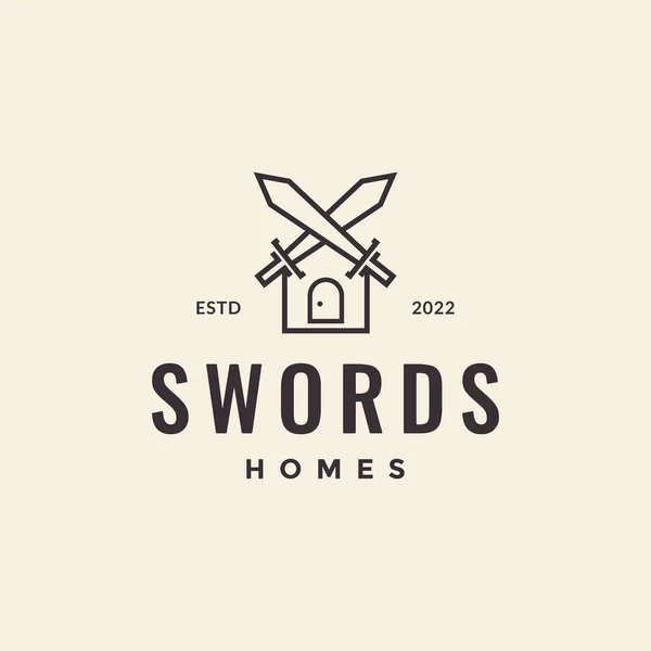 Cross Swords Home Line Hipster Logo — Stockvektor