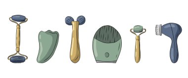 Kişisel Bakım Cilt Kozmetik Aletleri. Yüz masajı seti çizimi. Yüz silindiri ve Çin geleneksel gua sha masaj aleti. Doğal taşlardan yapılmış. Vektör illüstrasyonu beyaz arkaplanda izole edildi.