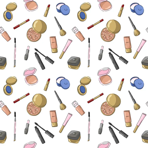 Hand Drawn Beauty Tools Doodle Background Vector Seamless Pattern Makeup — 图库矢量图片