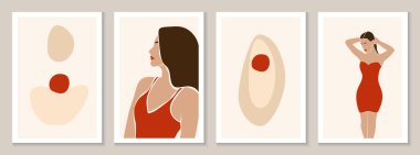 Set of minimalistic aesthetic backgrounds with abstract elements, woman. Abstract Female illustration. Hand painted poster with organic shapes. Aesthetic trendy boho feminism art. Vector illustration.
