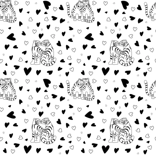 Vector Seamless Pattern Kissing Tigers Hearts Isolated Cute Animal Black —  Vetores de Stock