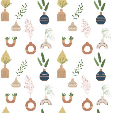 Bitkilerle, vazo terasotta renginde, modaya uygun, dikişsiz desen. Modern İskandinav tarzında tropikal yapraklı seramik vazolar, sürahiler ve kavanozlar. Çiçekli çömlek boho stili vektör çizimi.
